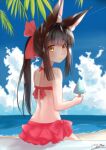  1girl alternate_costume alternate_hairstyle animal_ears azur_lane bangs bare_back beach bench black_hair blue_sky blunt_bangs blurry bow cloud cloudy_sky depth_of_field eyebrows_visible_through_hair food fox_ears frilled_skirt frills from_behind hair_bow hair_ribbon holding long_hair looking_at_viewer looking_back m_ko_(maxft2) nagato_(azur_lane) ocean parted_lips ponytail popsicle red_swimsuit ribbon sidelocks signature sitting skirt sky solo swimsuit yellow_eyes 