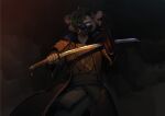  absurd_res angry anthro armor asian_clothing blue_eyes clothing east_asian_clothing female hi_res hyaenid japanese_clothing katana mammal mask melee_weapon smoke solo spitz(oc) spotted_hyena sword unknown_artist weapon 