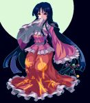  1girl bangs black_background bow bowtie branch covered_mouth frilled_kimono frilled_skirt frilled_sleeves frills full_body full_moon holding holding_branch houraisan_kaguya japanese_clothes kimono long_hair long_sleeves looking_at_viewer mmm_machi moon one-hour_drawing_challenge pink_kimono red_eyes red_skirt skirt sleeves_past_fingers sleeves_past_wrists solo standing touhou very_long_hair white_bow white_neckwear wide_sleeves 