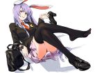  1girl animal_ears black_bag black_footwear black_jacket black_legwear bright_pupils bunny_ears collared_shirt crescent head_tilt highres jacket long_hair looking_at_viewer necktie pink_skirt purple_hair red_eyes red_neckwear reisen_udongein_inaba ruukii_drift shirt shoes simple_background single_shoe sitting skirt smile solo thighhighs touhou white_background white_pupils white_shirt wing_collar 