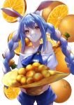  1girl arenoyoni bare_shoulders blue_hair blue_overalls braid carrot_hair_ornament commentary_request cowboy_shot food food_themed_hair_ornament fruit grin hair_ornament hat hat_removed headwear_removed highres holding holding_clothes holding_food holding_hat hololive long_hair looking_at_viewer off-shoulder_shirt off_shoulder orange_(food) orange_eyes orange_slice overalls shirt short_sleeves simple_background smile solo straw_hat thick_eyebrows twin_braids usada_pekora virtual_youtuber white_background white_shirt 