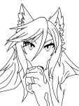  anthro black_and_white bodily_fluids canid canine cecethefoxwitch cum female fox genital_fluids hair hi_res mammal monochrome solo tongue 