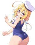  1girl ahoge ass bare_arms bare_shoulders blonde_hair blue_eyes blue_swimsuit blush breasts closed_mouth cowboy_shot eyebrows_visible_through_hair glasses hair_between_eyes hat highres i-8_(kancolle) kantai_collection kurokoshou_(emuburemu123) large_breasts long_hair looking_at_viewer looking_back low_twintails name_tag one-piece_swimsuit red-framed_eyewear ribbon sailor_hat school_swimsuit semi-rimless_eyewear simple_background smile solo swimsuit twintails under-rim_eyewear white_background white_headwear 