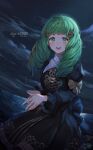  1girl absurdres anniversary artist_logo bangs black_dress blush bow breasts dress drill_hair english_text eyebrows_visible_through_hair fingers_together fire_emblem fire_emblem:_three_houses flayn_(fire_emblem) green_eyes green_hair hair_ornament hands_together highres jewelry kneeling long_hair long_sleeves looking_at_viewer necklace night night_sky open_mouth puffy_long_sleeves puffy_sleeves shadow shiny shiny_hair signature sky solo twin_drills velahka 