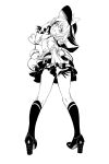  1girl :d absurdres bow from_behind greyscale hand_up hat hat_bow high_heels highres komeiji_koishi long_sleeves looking_at_viewer looking_back monochrome open_mouth ruukii_drift shirt simple_background skirt smile socks solo third_eye touhou white_background wide_sleeves 