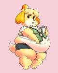  2019 4:5 animal_crossing anthro belly big_belly blonde_hair breasts cageofmirrors_(artist) canid canine canis clipboard clothed clothing domestic_dog female fur hair hi_res holding_object isabelle_(animal_crossing) mammal navel nintendo obese obese_anthro obese_female overweight overweight_anthro overweight_female shih_tzu simple_background solo toy_dog video_games wardrobe_malfunction yellow_body yellow_fur 