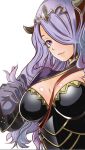  1girl armor breasts camilla_(fire_emblem) cleavage closed_mouth fire_emblem fire_emblem_fates gloves hair_ornament hair_over_one_eye large_breasts long_hair looking_at_viewer purple_eyes purple_hair tiara to_ra_dandan35 upper_body white_background 