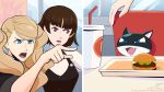  2020 ann_takamaki anthro atlus blue_eyes burger chair clothed clothing cup detailed_background domestic_cat felid feline felis female food furniture gesture group hi_res human humor letitmelo makoto_niijima male mammal megami_tensei megami_tensei_persona meme morgana_(persona) open_mouth pointing red_eyes signature straw table tray video_games woman_yelling_at_a_cat yelling 