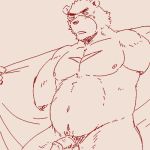  1:1 2020 anthro balls belly blush clothed clothing edit genitals juuichi_mikazuki kemono low_res male mammal morenatsu musclegut navel nipples open_clothing open_shirt open_topwear penis run_aki shirt sketch slightly_chubby solo topwear uncensored ursid video_games visual_novel 