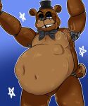  5:6 abdominal_bulge animatronic anthro black_bow_tie black_eyebrows black_top_hat blue_background blue_eyes bow_tie brown_body brown_fur clothing eyebrows five_nights_at_freddy&#039;s freddy_(fnaf) fur hands_on_wall hat headgear headwear hi_res imprint looking_down machine male mammal multicolored_body multicolored_fur navel oral_vore robot scott_cawthon shaded signature simple_background smile smug smug_grin solo star teeth terrificeyez_(artist) top_hat two_tone_body two_tone_fur ursid video_games vore 