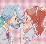  1boy 1girl aji_fry aqua_eyes blue_dress blue_hair blush bow bowtie brown_hair checkered checkered_background collar commentary covered_mouth cravat dress eyebrows_visible_through_hair fake_facial_hair fake_mustache flower_(symbol) food_themed_hair_ornament from_side hair_ornament half-closed_eyes highres kirakira_patisserie_uniform kirakira_precure_a_la_mode leaf_hair_ornament long_hair looking_at_another low_ponytail outline pikario_(precure) pink_eyes pink_neckwear ponytail precure puffy_short_sleeves puffy_sleeves purple_neckwear short_sleeves star_(symbol) strawberry_hair_ornament sweatdrop twintails twitter_username upper_body usami_ichika white_collar white_outline 
