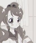  1girl :t aji_fry bangs blouse blush box classroom commentary curtains drink drinking_straw eyebrows_visible_through_hair face food_themed_hair_ornament greyscale hair_ornament highres holding holding_box holding_drink ichigozaka_middle_school_uniform indoors juice_box kirakira_precure_a_la_mode long_hair looking_at_viewer monochrome neckerchief pout precure school_uniform serafuku solo strawberry_hair_ornament swept_bangs twintails upper_body usami_ichika window 