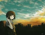  1girl brown_hair building cloud cloudy_sky kensight328 original outdoors short_hair short_sleeves signature sky solo twilight upper_body yellow_sweater_vest 