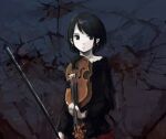  1girl black_eyes black_hair black_shirt bow_(instrument) earrings expressionless holding holding_instrument instrument jewelry kensight328 long_sleeves original shirt short_hair solo upper_body violin 