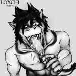  1:1 abs anthro athletic claws dragon eating food fur hair looking_at_viewer loxchi male male/male monochrome muscular muscular_anthro muscular_male nipples reptile scalie senholl simple_background smile solo suggestive tattoo teeth 