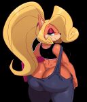  absurd_res activision anthro bandicoot bedroom_eyes big_butt black_background blonde_hair blue_eyes bubble_butt butt butt_cleavage clothing coco_bandicoot crash_bandicoot_(series) edit eyebrows female hair hi_res huge_butt looking_at_viewer looking_back makeup mammal marsupial narrowed_eyes nipple_outline overalls seductive simple_background smile smug solo sssonic2 video_games wide_hips 