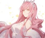  1girl bsq closed_mouth fate/grand_order fate_(series) long_hair looking_at_viewer lostroom_outfit_(fate) medb_(fate) medb_(fate)_(all) pink_hair shiny shiny_hair smile solo tiara upper_body white_background yellow_eyes 