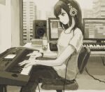  1girl black_pants bottle bracelet chair computer feet_out_of_frame greyscale headphones indoors instrument jewelry kensight328 keyboard_(instrument) monitor monochrome original pants profile shirt short_sleeves sitting solo speaker white_shirt window 