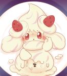  alcremie blush bodily_fluids censored female food food_creature genitals hi_res lying nintendo on_back open_mouth pok&eacute;mon pok&eacute;mon_(species) pussy raised_arm red_eyes solo sweat video_games 栄口おかりな 