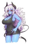  1girl alternate_costume aoi_hada_no_ten&#039;in_to_shiawasena_tomodachi black_horns black_sclera black_shorts black_tank_top blue_skin blush breasts cleavage colored_sclera colored_skin cropped_legs demon_girl demon_horns hands_on_hips highres horns juugoya_(zyugoya) koike_(aoi_hada_no_ten&#039;in_to_shiwasena_tomodachi) large_breasts long_hair looking_at_viewer red_eyes sharp_teeth shorts smile tank_top teeth thighs white_background white_hair 
