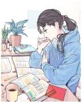  1girl black_hair blue_hoodie book brown_eyes candy clock coffee coffee_cup cup disposable_cup elbows_on_table flash_cards food hair_ornament hair_scrunchie hairclip highres holding holding_pen hood hoodie indoors kko_(um7mr) long_hair looking_down notebook open_book original pen pencil plant ponytail potted_plant profile scrunchie serious sitting solo studying table white_background 
