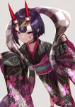  1girl absurdres bangs black_kimono bob_cut breasts choker eyeliner fate/grand_order fate_(series) floral_print headpiece highres horn_ornament horn_ring horns huge_filesize japanese_clothes kimono li_zhu long_sleeves looking_at_viewer lostroom_outfit_(fate) makeup obi oni oni_horns purple_eyes purple_hair sash short_hair shuten_douji_(fate) skin-covered_horns small_breasts smile wide_sleeves 