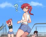  3boys arms_up ass bench black_hair black_tank_top blue_shorts blue_sky cloud cloudy_sky cowboy_shot crop_top ear_piercing highres ichiro_(ms_pigtails) itsuki_(ms_pigtails) long_hair male_focus ms_pigtails multiple_boys navel original otoko_no_ko outdoors piercing playground ponytail red_hair roland_(ms_pigtails) shorts sky slide solo_focus swing_set tank_top white_tank_top 