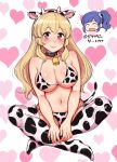  2girls :d ^_^ ^o^ aikatsu! aikatsu!_(series) animal_ears animal_print bell bikini black_choker blonde_hair blue_hair blue_scrunchie blush breasts catchphrase chibi chibi_inset chinese_zodiac choker cleavage closed_eyes collarbone commentary_request covered_nipples cow_ears cow_horns cow_print cow_tail cowbell eyebrows_visible_through_hair fake_animal_ears fake_horns fake_tail full_body hair_ornament hair_scrunchie hairband heart heart_background horns hoshimiya_ichigo indian_style kiriya_aoi large_breasts long_hair looking_at_viewer micro_bikini multiple_girls neck_bell open_mouth pink_lips print_bikini print_hairband print_legwear red_eyes scrunchie shiny shiny_hair shiny_skin side-tie_bikini side_ponytail sitting smile solo_focus spoken_heart string_bikini swimsuit tail thighhighs translation_request tyranu underboob white_background year_of_the_ox 