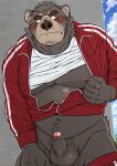  2021 anthro balls belly big_balls black_body black_fur blush bodily_fluids edit erection fur genitals hi_res humanoid_genitalia humanoid_hands humanoid_penis kemono male mammal moobs nipples outside overweight overweight_anthro overweight_male penis ryuta-h solo sweat uncensored ursid 