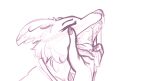  2021 anthro beastars blush bodily_fluids canid canine canis conditional_dnp drooling duo eyebrows eyes_closed juno_(beastars) mammal monochrome open_mouth pink_and_white saliva simple_background sketch solo_focus sugarlesspaints teeth tongue white_background wolf 