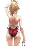  1girl ass back bare_shoulders blonde_hair braid breasts fate/apocrypha fate_(series) french_braid hair_ornament hair_scrunchie long_hair mordred_(fate) mordred_(fate)_(all) off_shoulder one-piece_swimsuit ponytail red_swimsuit scrunchie sidelocks small_breasts swimsuit thighs toned tonee 