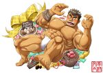  1boy abs alternate_pectoral_size bara blush bulge bunta_ru cake chest_hair chocolate_cake dynamic_pose facial_hair feet food foreshortening forked_eyebrows full_body fundoshi happy_birthday japanese_clothes kengo_(tokyo_houkago_summoners) large_pectorals long_sideburns male_focus muscular muscular_male navel nipples official_style pectorals short_hair sideburns solo stomach stubble teeth thick_eyebrows thick_thighs thighs tokyo_houkago_summoners tongue underwear underwear_only white_male_underwear 