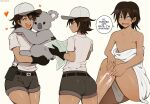  1boy animal ass belt black_gloves black_hair black_shorts closed_eyes dark_skin dark_skinned_male earrings gloves hat heart highres holding holding_animal jewelry koala male_focus ms_pigtails multiple_views naked_towel open_mouth original otoko_no_ko profile shaving shirt short_hair short_sleeves shorts simple_background smile towel uniform white_background white_headwear white_shirt 