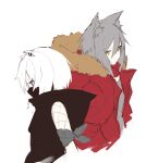  2girls absurdres animal_ears arknights black_jacket black_scarf blue_eyes covering_mouth eyebrows_visible_through_hair ff_frbb122 fur-trimmed_jacket fur_trim grey_hair grey_shirt highres jacket long_hair looking_at_viewer looking_down medium_hair multiple_girls open_clothes open_jacket projekt_red_(arknights) red_jacket red_scarf scarf shirayuki_(arknights) shirt white_background white_hair yellow_eyes 