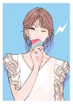  1girl absurdres blouse blue_background brown_eyes brown_hair collarbone earrings eating food frilled_blouse hand_up highres jewelry kko_(um7mr) lightning_bolt_symbol one_eye_closed original popsicle ring shadow solo upper_body watermelon_slice white_background white_blouse 