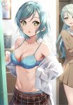  2girls aqua_hair armpits bang_dream! bare_shoulders blue_bra blue_panties bra breasts brown_skirt cleavage collarbone commentary cowboy_shot green_eyes groin hanasakigawa_school_uniform highres hikawa_hina hikawa_sayo indoors long_sleeves looking_at_viewer medium_breasts mia_(fai1510) miniskirt multiple_girls navel off_shoulder open_clothes open_mouth open_shirt panties panty_peek plaid plaid_skirt school_uniform shirt short_hair siblings sisters skirt standing stomach twins underwear white_shirt 