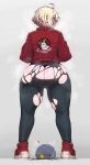  1girl absurdres ass blonde_hair borrowed_character chris_(babo) commentary from_behind grey_background highres jacket krekk0v looking_at_viewer looking_back original red_jacket shoes short_hair simple_background sneakers steam sweat thick_thighs thighs torn_clothes torn_legwear 