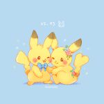  :3 blue_flower blue_neckwear bow bowtie brown_eyes closed_mouth commentary dated eyelashes flower gen_1_pokemon holding_hand mootecky no_humans open_mouth paws pikachu pikachu_day pink_flower pokemon pokemon_(creature) sitting smile standing toes tongue 