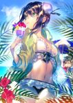  1boy 1girl bangs beach beach_umbrella bikini black_bikini black_eyes black_hair blue_sky blush breasts bun_cover cleavage collarbone cup double_bun drinking drinking_glass emoillu fate/grand_order fate_(series) flower glasses green_eyes green_jacket green_ribbon hair_ribbon han_xin_(fate) helmet innertube jacket large_breasts long_sleeves looking_to_the_side mismatched_bikini navel open_clothes open_jacket qin_liangyu_(fate) ribbon sky sparkle swimsuit thighs umbrella white_bikini 