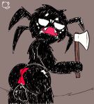  arachnid araneomorph arthropod axe backsack balls black_body black_fur black_widow_spider brown_background butt don&#039;t_starve fangs frown fur genitals holding_object holding_weapon klei_entertainment looking_at_viewer looking_back male melee_weapon multi_eye narrowed_eyes nude open_mouth quivster rear_view sack simple_background solo spider theridiid video_games weapon webber widow_spider 
