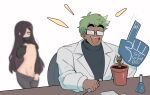  2boys arjun_(ms_pigtails) black_hair clothes_pull coat cowboy_shot dark_skin dark_skinned_male erlenmeyer_flask green_hair groot guardians_of_the_galaxy hair_over_one_eye highres long_hair long_sleeves male_focus ms_pigtails multiple_boys navel open_mouth original otoko_no_ko pants pants_pull penis rectangular_eyewear roland_(ms_pigtails) shirt_lift short_hair simple_background smile upper_body white_background white_coat 