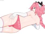  1boy ass ass_grab astolfo_(fate) braid braided_ponytail bulge clothes_writing cowboy_shot elbow_gloves fate/apocrypha fate_(series) from_behind gloves grabbing_own_ass highres long_hair male_focus ms_pigtails otoko_no_ko panties pink_hair pink_panties print_panties profile purple_eyes simple_background single_braid skindentation solo thighhighs underwear white_background white_gloves white_legwear 