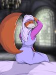  3:4 anthro bed bedding breasts canid canine canis castle chandelier clothed clothing digital_media_(artwork) disney female fox furniture hi_res inside maid_marian mammal medieval on_bed robin_hood_(disney) solo stained_glass tagme window yukkooart 