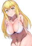  +_+ 1girl bikini blonde_hair breasts closed_mouth collarbone commentary_request eyebrows_visible_through_hair large_breasts long_hair looking_at_viewer shokuhou_misaki sikijou77o simple_background smile solo swimsuit toaru_kagaku_no_railgun toaru_majutsu_no_index white_background white_bikini yellow_eyes 
