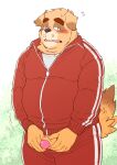  2018 anthro blush bottomwear brown_body brown_fur canid canine canis clothing cute_fangs domestic_dog edit fur genitals hi_res humanoid_hands kemono male mammal overweight overweight_anthro overweight_male pants penis ryuta-h shirt solo topwear uncensored 