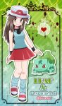  1girl akika_821 aqua_legwear aqua_shirt artist_name black_wristband blush brown_hair bucket_hat bulbasaur character_name closed_mouth eyelashes framed full_body gen_1_pokemon grey_eyes hat heart highres leaf_(pokemon) long_hair looking_at_viewer loose_socks pleated_skirt pokemon pokemon_(game) pokemon_frlg red_skirt shirt shoes skirt sleeveless sleeveless_shirt smile spoken_heart starter_pokemon white_headwear wristband 