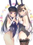  2girls :d animal_ears armpits ass asymmetrical_docking bang_dream! bangs bare_shoulders black_hair black_legwear black_leotard black_neckwear blue_leotard blue_nails blunt_bangs blush bow bowtie breast_press breasts bunny_earrings bunny_ears butt_crack cleavage closed_mouth commentary_request commission covered_navel cowboy_shot detached_collar earrings embarrassed eyebrows_visible_through_hair fake_animal_ears fishnet_legwear fishnets floral_background flower green_eyes hair_between_eyes hairband hanazono_tae hand_on_another&#039;s_hip heart heart_hands heart_hands_duo highleg highleg_leotard highres hug jewelry lace-trimmed_legwear lace_trim leotard long_hair looking_at_viewer medium_breasts multiple_girls nail_polish open_mouth pixiv_request playboy_bunny purple_eyes purple_nails shirokane_rinko side-tie_leotard sidelocks sleeveless small_breasts smile standing strapless strapless_leotard thighhighs tsurugi_hikaru very_long_hair waist_hug white_background wrist_cuffs 