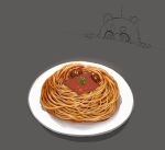  ! 1girl animal_ears dog_ears dog_girl english_commentary felicia_(krekk0v) food food_focus grey_background highres krekk0v meatball noodles original pasta plate shadow simple_background solo spaghetti spaghetti_and_meatballs 