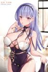  1girl artist_name azur_lane bangs bare_arms bare_shoulders between_breasts black_choker black_hairband blue_hair blunt_bangs blush breasts choker cleavage covered_navel cowboy_shot dido_(anxious_bisque_doll)_(azur_lane) dido_(azur_lane) dress eyebrows_visible_through_hair hairband highres hwansang_jungdog large_breasts looking_at_viewer mouth_hold official_alternate_costume pelvic_curtain purple_dress purple_eyes skirt_hold sleeveless sleeveless_dress solo sparkle suggestive_fluid thighs twitter_username 