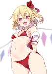  1girl :d absurdres amisu arms_behind_back bare_shoulders bikini blonde_hair cowboy_shot fang flandre_scarlet hair_ribbon highres looking_at_viewer navel open_mouth red_bikini red_eyes red_ribbon ribbon simple_background smile solo stomach swimsuit touhou white_background wings 